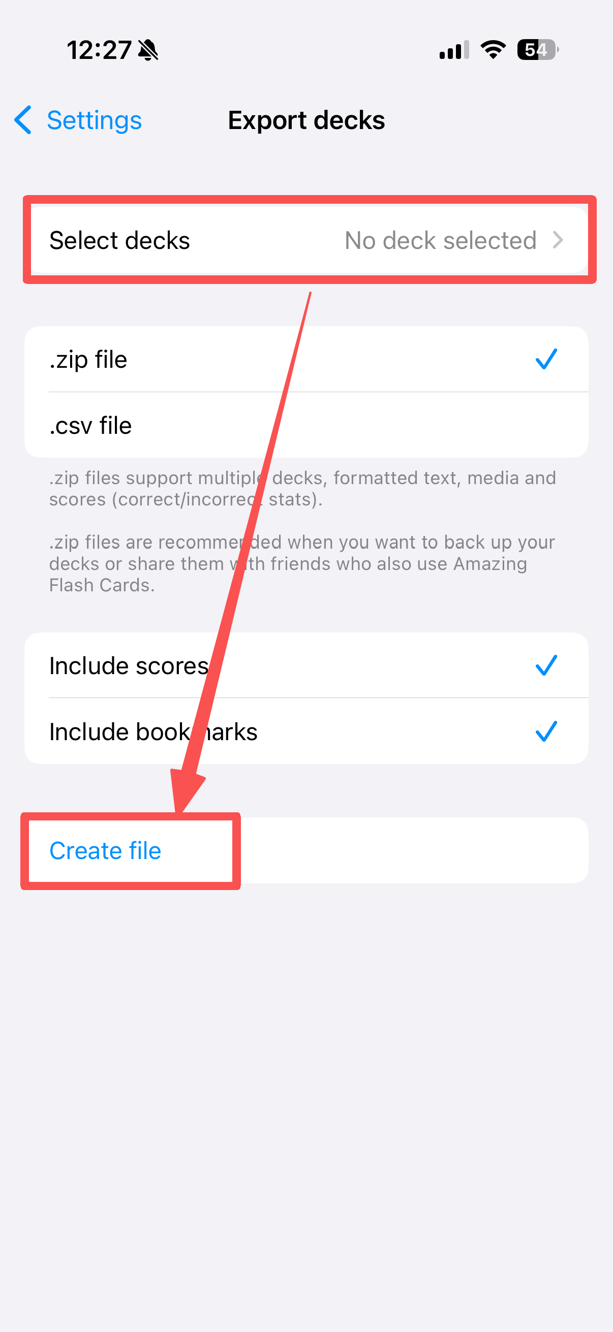 Select decks and export